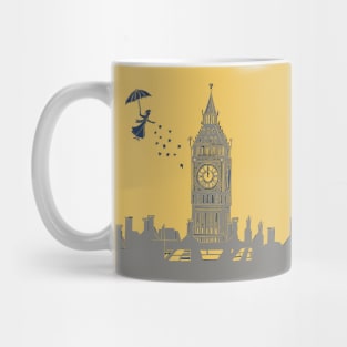 Mary Poppins and Big Ben Lino Print in Mustard and Grey Mug